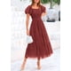 thumbnail image 4 of Vestido PRETTYGARDEN Midi de Tul con Fruncido y Mangas Abullonadas Rojo Ladrillo S, 4 of 7