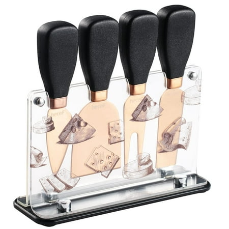 Hecef 5 PCS Cheese Knife Set with Acrylic Stand, Stainless Steel Cheese Slicer with PP Handle