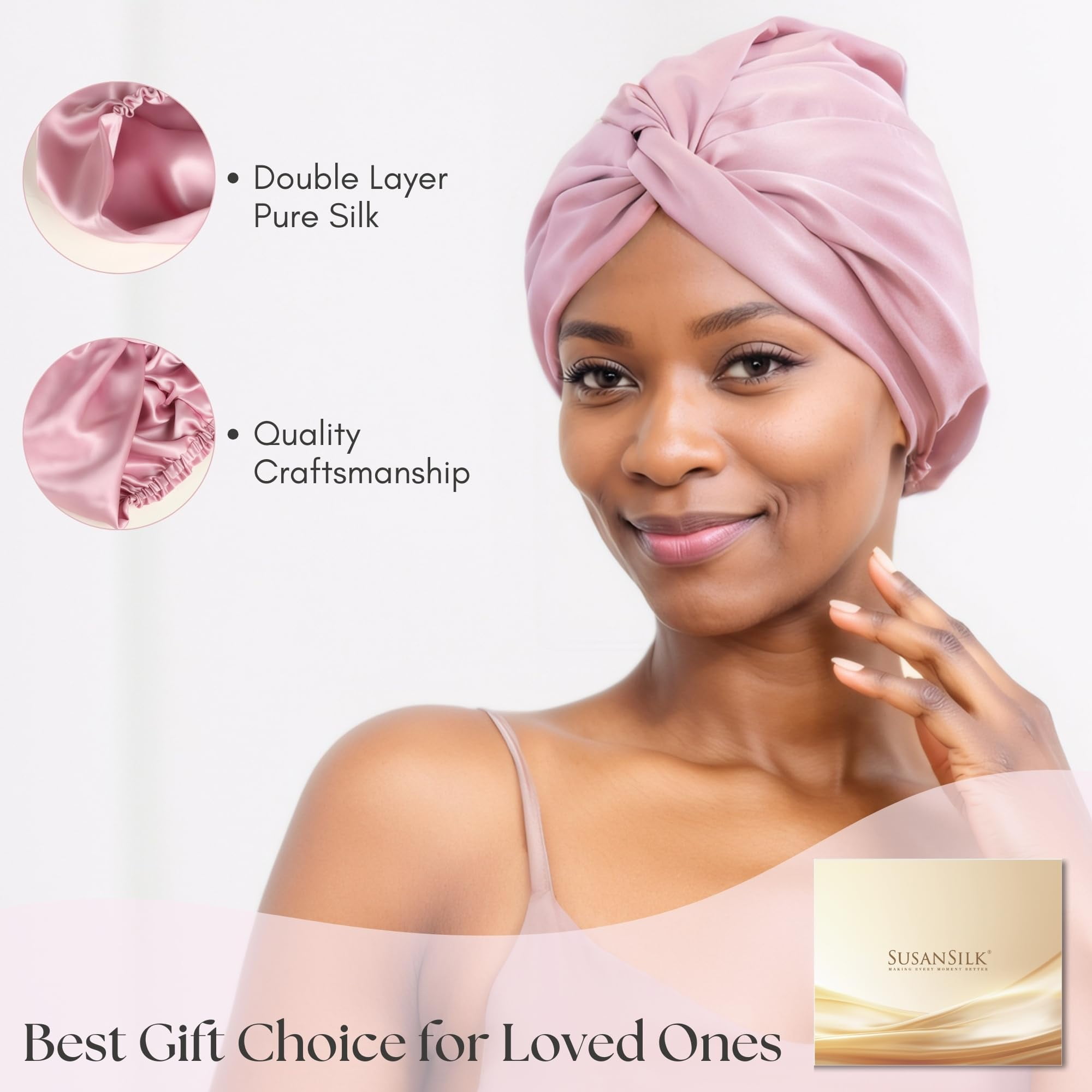 SusanSilk Premium Double-Layered Mulberry Silk Bonnet Cap, 19 Momme, Twist Flower Design