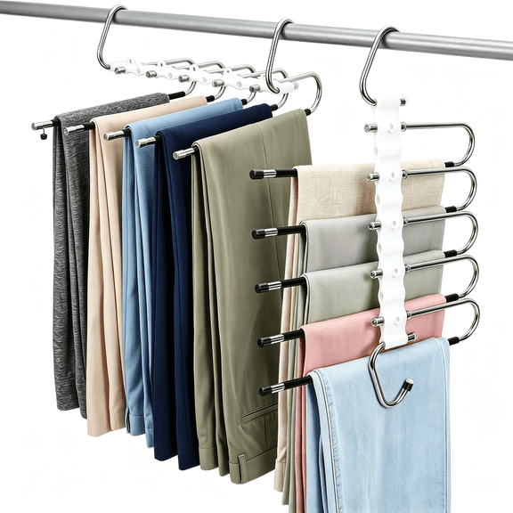 Pants Hangers Space Saving, 2 Pack Metal Closet Organizer & Storage with 10 Anti-Slip Bars, 360° Swivel Hanger Rack for Jeans, Leggings, Skirts & Scarves, Black