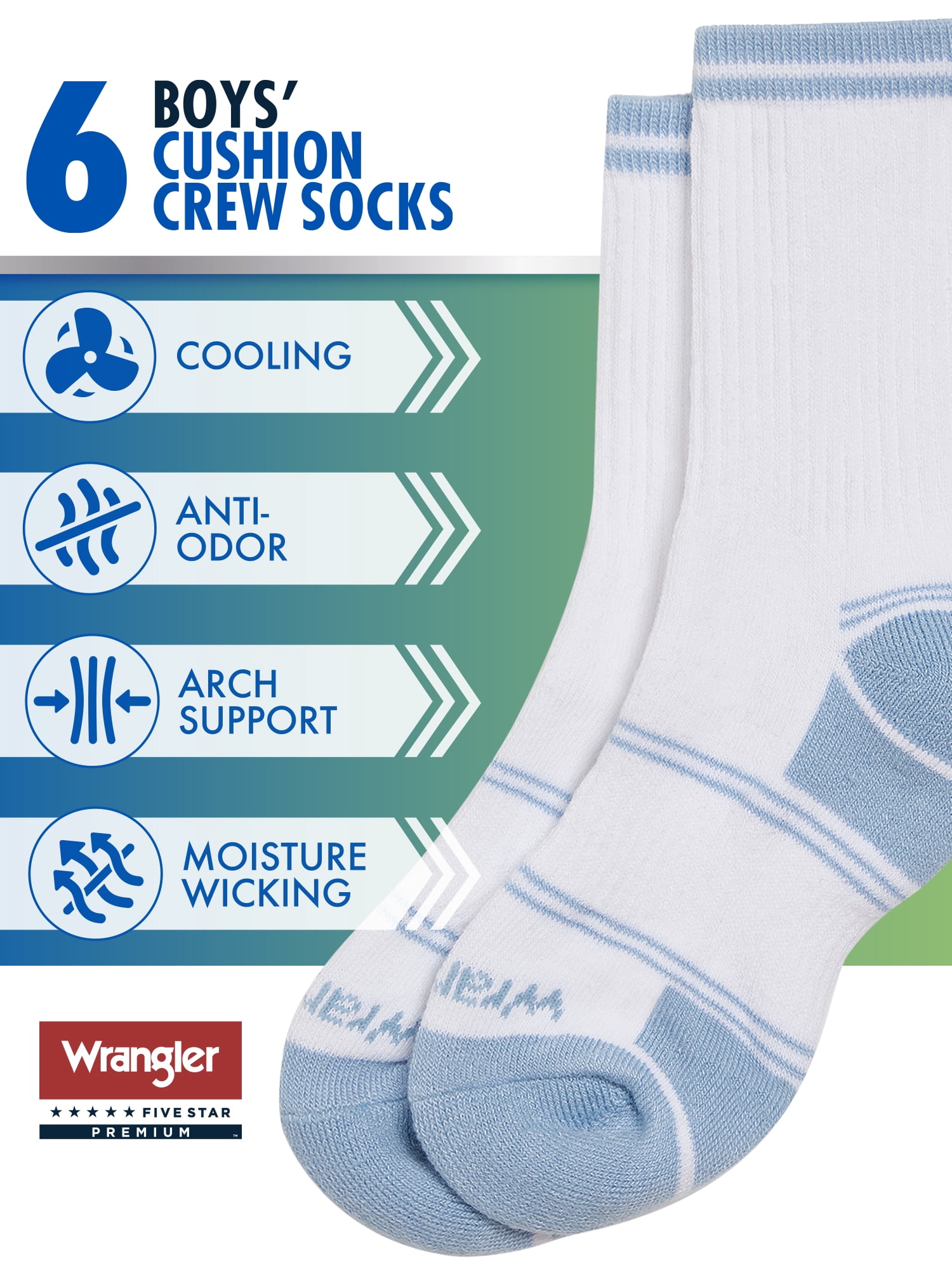 Wrangler Boys' Essentials Cool Comfort Crew Socks, Assorted Cushioned Socks for Kids, Small, 6-Pack