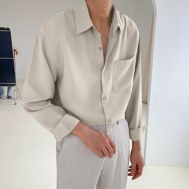 pstuiky Camisas de manga larga abrigadas para hombre, Camisa informal y moderna de manga larga con solapa y botones en color liso para hombre camisetas de hombre l