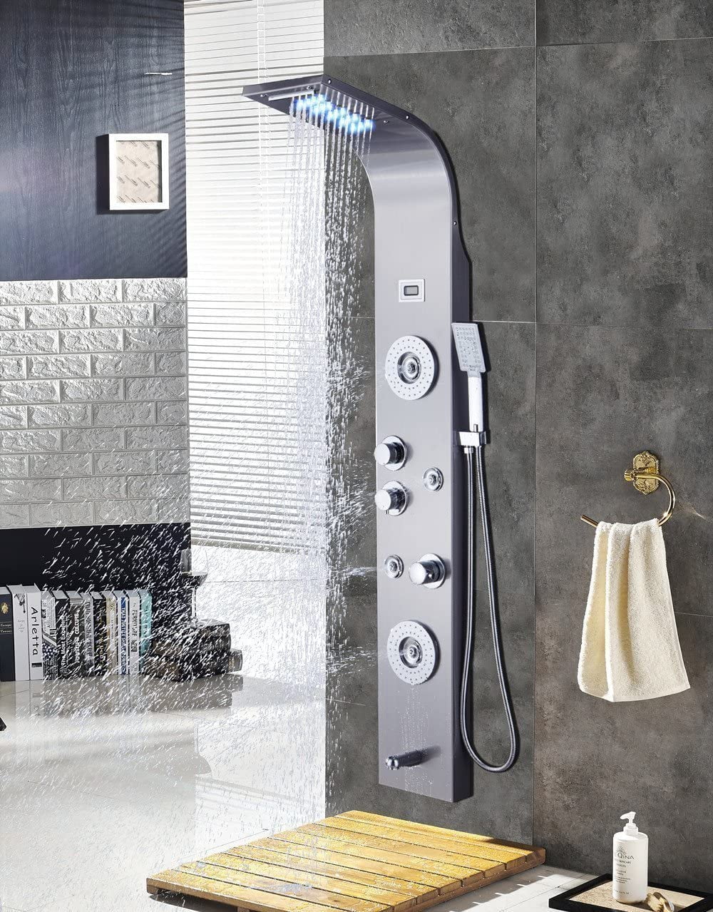 Brushed Nickel Shower Panel Tower Rainfall&Waterfall Massage Body System Jets 