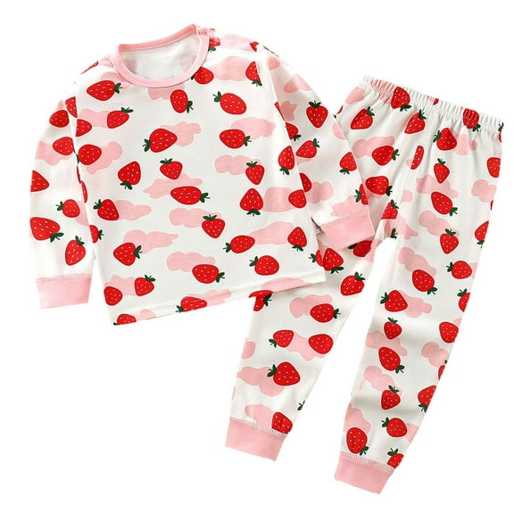 Zpanxa Strawberry Print Pajama Set for Toddlers Fleece Long Sleeve Top Pants Winter Home Outfit 18M-3T Boys Girls