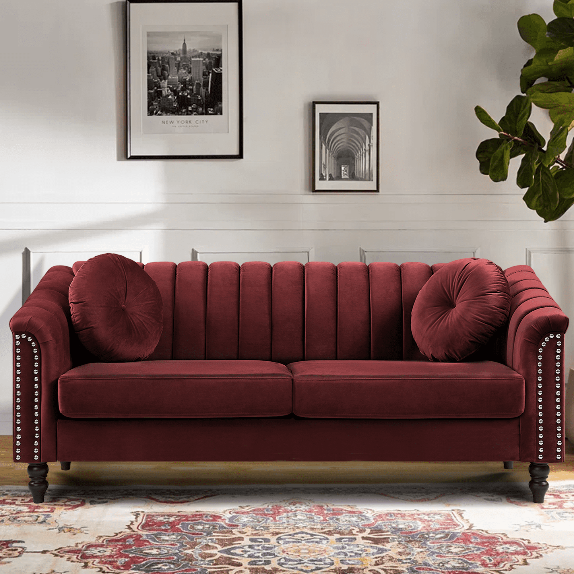 Aukfa 75" Comfy Flannel Sofa, Contemporary 3-Seater Couch for Living Room, 2 Pillows, Red