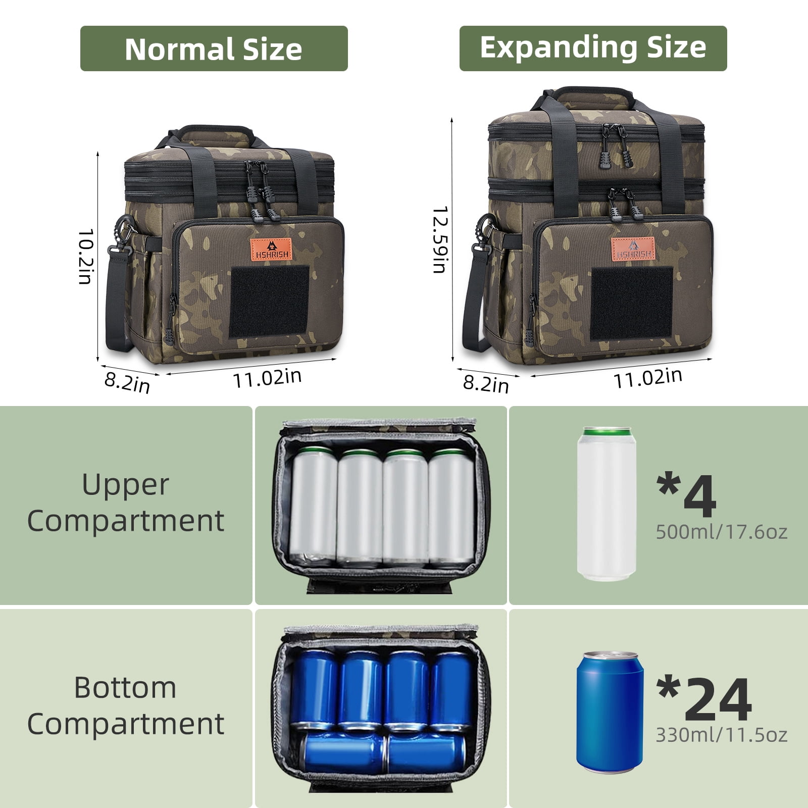 Holuxer Tactical Lunch Box for Men, Large Expandable Insulated Lunch Boxes, Durable Waterproof Leakproof Cooler Bag for Adults/Mens/Work Outdoor Beach Trips, 20 Cans/16 L, Camo