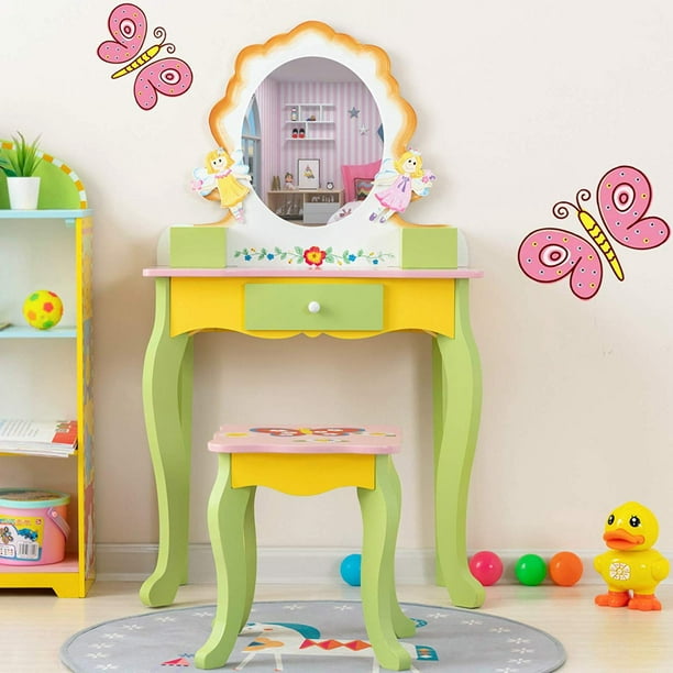 Mecor Kids Vanity Table Little Girls Princess Makeup Dressing Table With Drawer Mirror Hand Painted Vanity Set With Stool For Children Flower Mirror Walmart Com Walmart Com