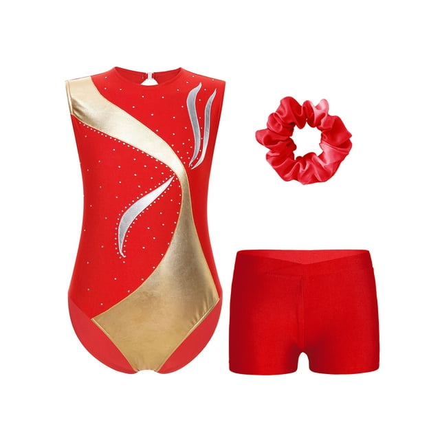 TiaoBug Justaucorps de Danse pour Filles avec Shorts et Couvre-Chef Gymnastique Ballet Danse Rouge 6