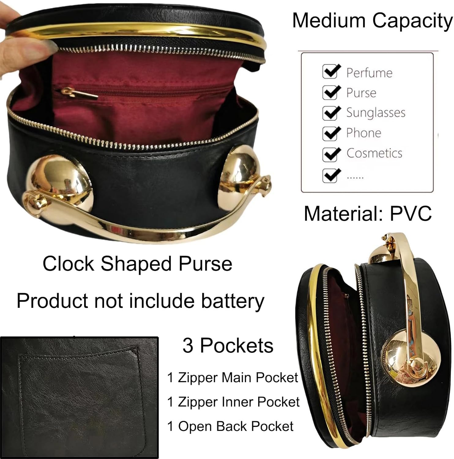 Baguery PVC Clock Shaped Crossbody Bag - Waterproof Adjustable Shoulder Purse for Women
