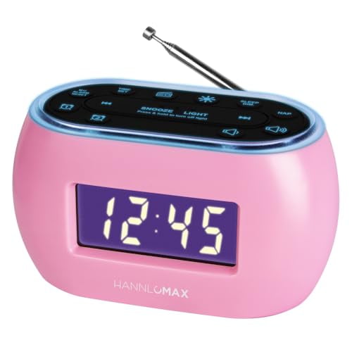 HANNLOMAX HX-161CR Reloj despertador portátil con radio FM PLL, pantalla LCD con función de atenuación, luz nocturna RGB de 7 colores, puerto USB para carga de 1 A, antena telescópica, solo funcionami