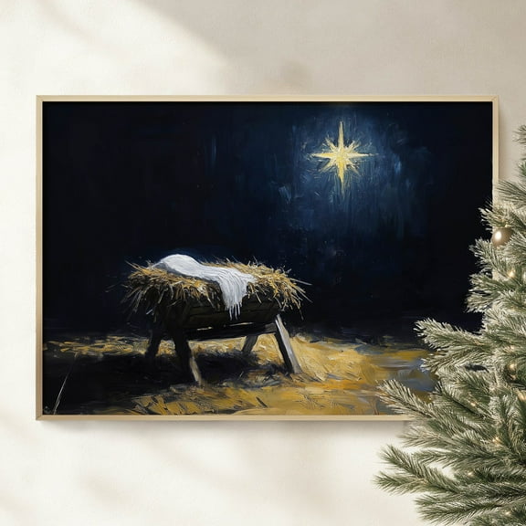 Zuno Manger Scene Christmas Printable Wall Art, Rustic Christian Artwork, Baby Jesus Star Of Bethlehem Poster Print - Wall Art Print, 8x12 UNFRAMED
