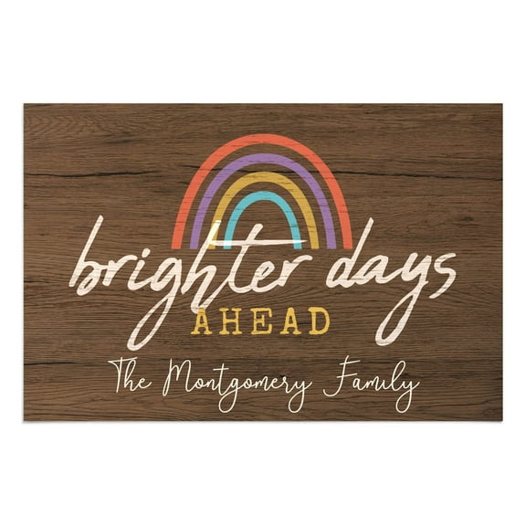 Personalized Planet 27x18 Rainbow Brighter Day Ahead Doormat with Custom Family Name Printed on Brown Rectangular 1/8” Thick Non Slip Mat for Kitchen Hallway Deck or Porch