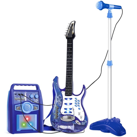 iMeshbean Kids Electric Guitar Play Set Music Light Karaoke Toy Guitar Starter Kit w/ 6 Demo Songs, Microphone, Amp, AUX- Blue