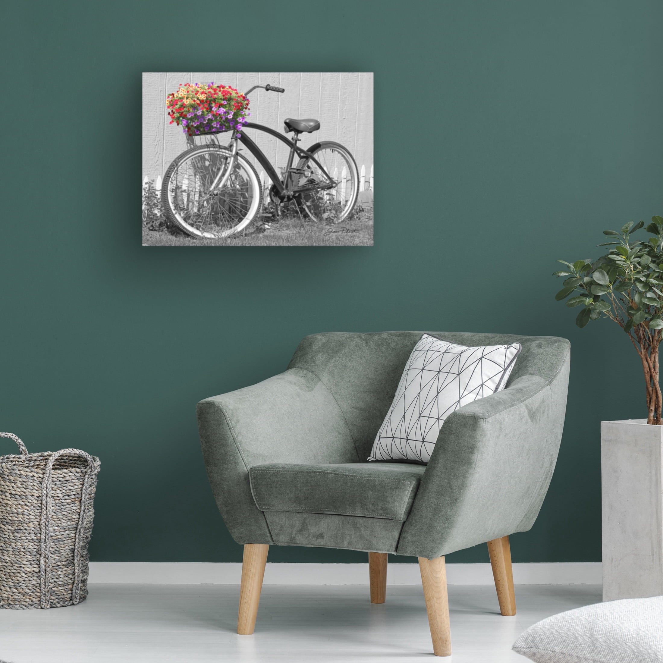 Canvas Wall Art - Jean Plout 'Bike With Flower Basket A' Wall Art for Living Room, Bedroom, or Office Décor by Trademark Fine Art - 32 x 24 Inches