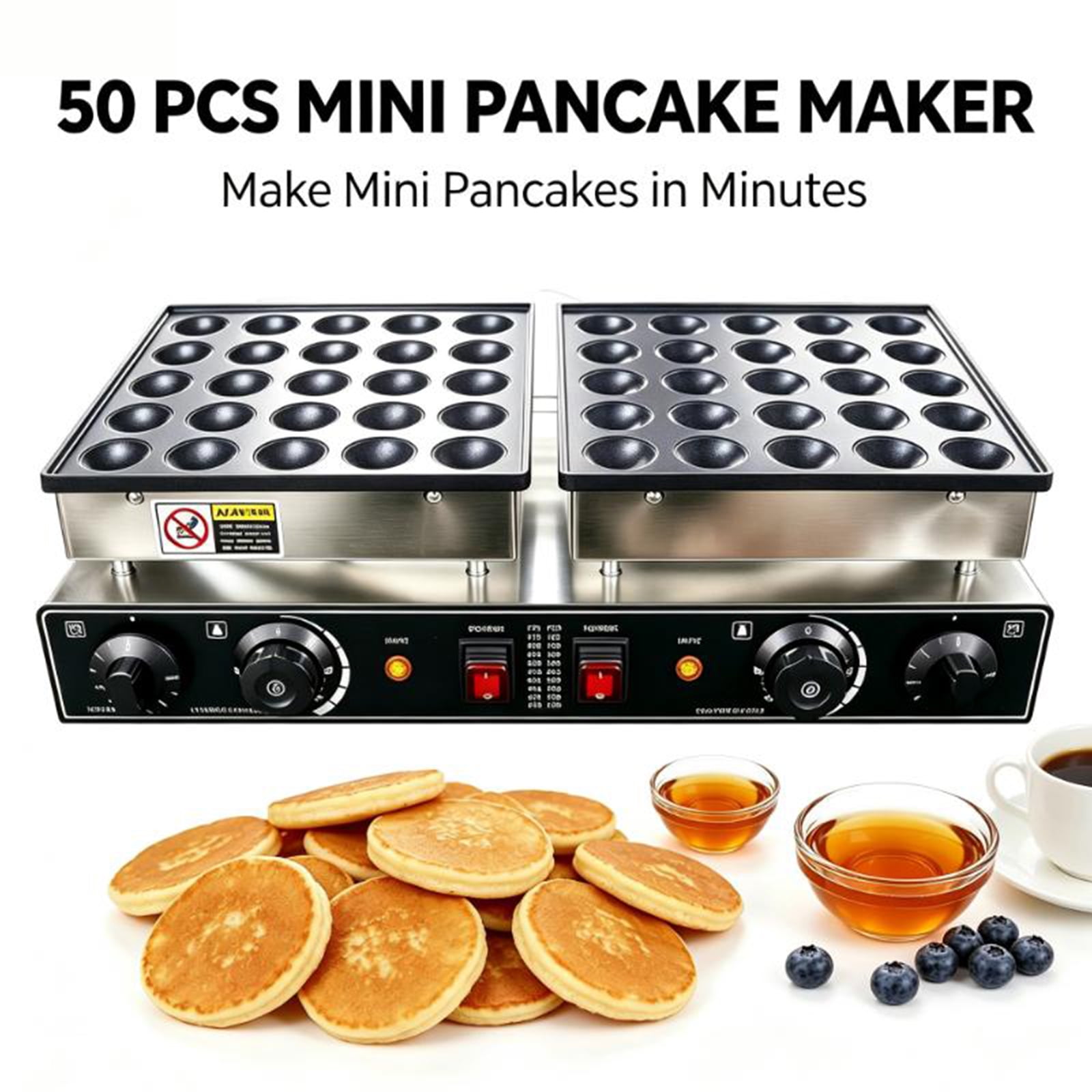 50 Holes Mini Pancake Maker, 1800w Commercial Electric Pancake Machine, Non-Stick Takoyaki Griddle with Adjustable Temp for Breakfast Shops & Parties