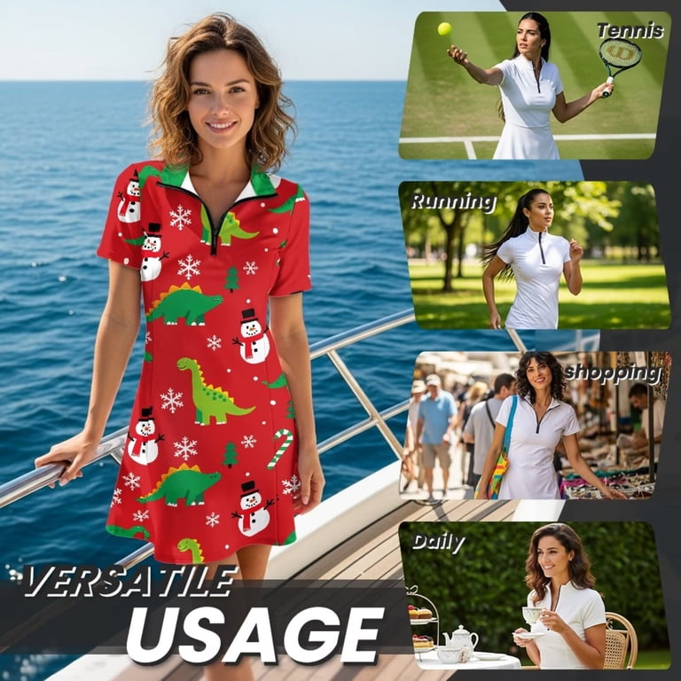 christmas tennis dress Chririnla Dinosaur Snowman Print for Women Short Sleeve Zipper Golf Dresses with Shorts and Pockets Y2K Workout Athletic Exercise Dress Christmas Outfits Psesaysky christmas