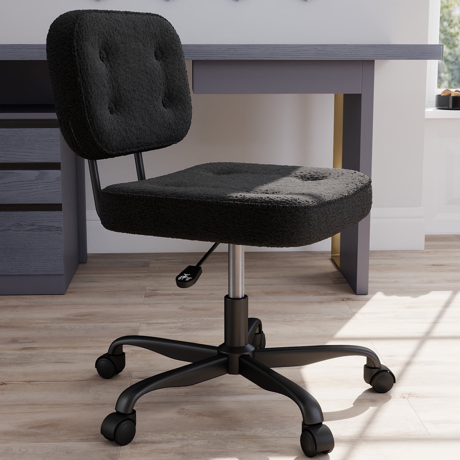 YERAIRR Armless Office Chair with Wide Seat,Teddy Fleece Fabric Home Computer Desk Chair Thickened Cushion Swivel Vanity Chair Black