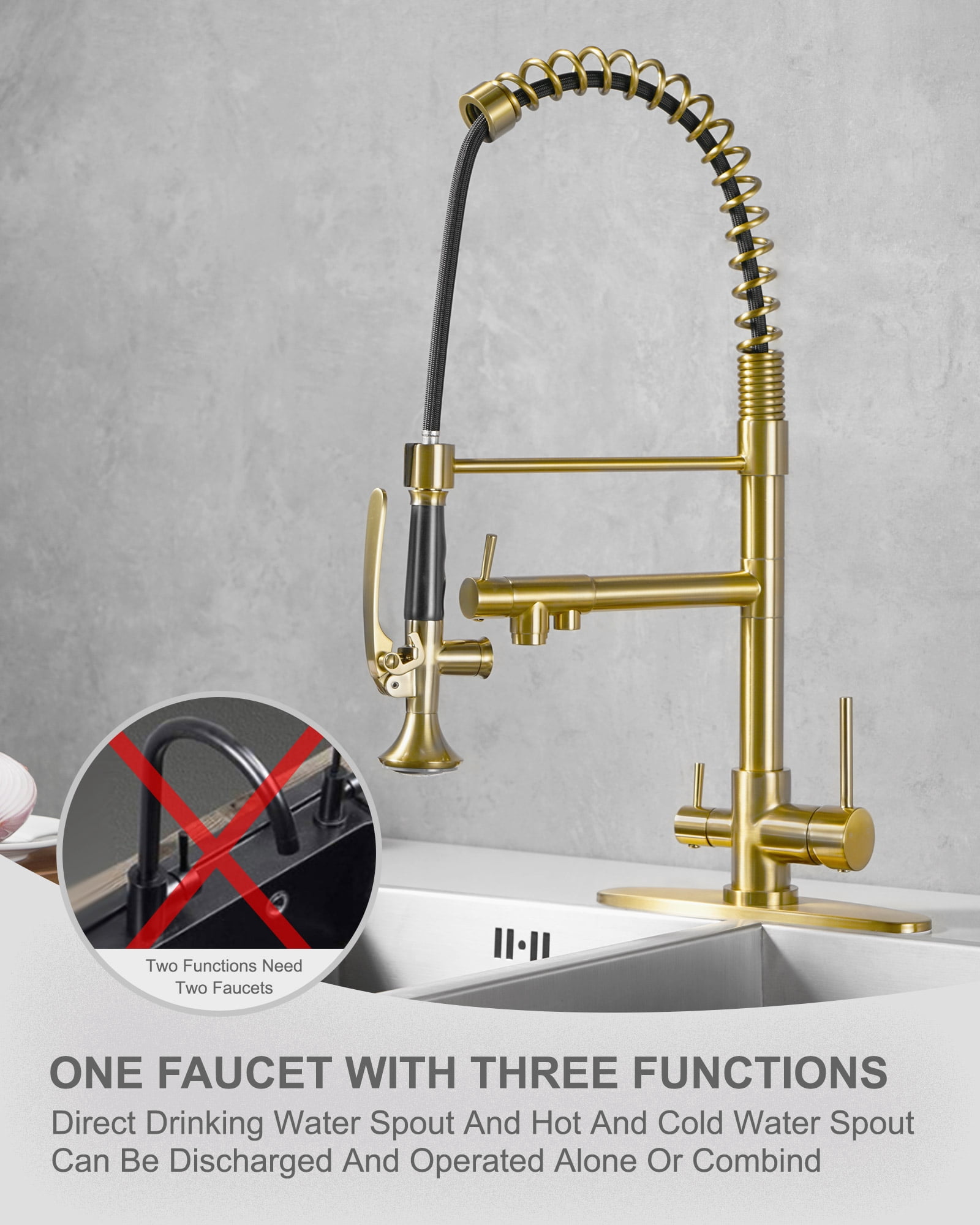 WOWOW Double-Handles Pull Down Sprayer Kitchen Faucet with Drinking Water for 1 or 3 Hole in Solid Brass in Gold