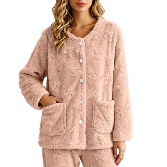 Moxiu Sleep Jacket Womens Cozy Soft Fleece Plush Bed Jackets Floral Texture Pajama Top with Pockets Button Front Loungewear Orange,L