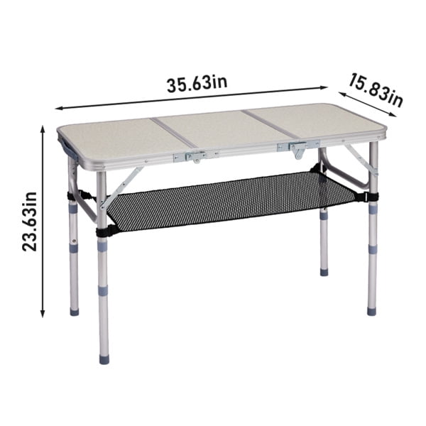 White Folding Camping Table with 3 Height Settings & Mesh Storage Shelf, 110lb Capacity Portable Table for Outdoor Dining & Activities