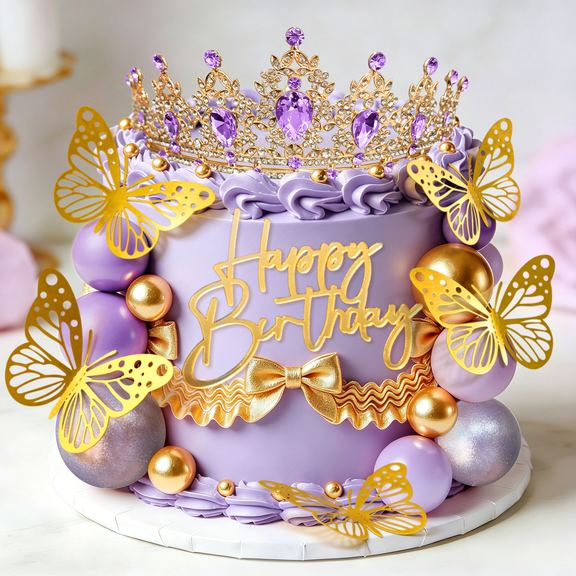Purple Luxury Crown Cake Decoration Set - Gold and Purple Party Decorations for Birthday, Wedding, Anniversary