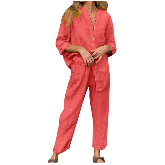 Timegard Plus Size Outfits for Women Button up Long Sleeve V Neck Tops Straight Wide Leg Pants with Pockets Lounge Sets