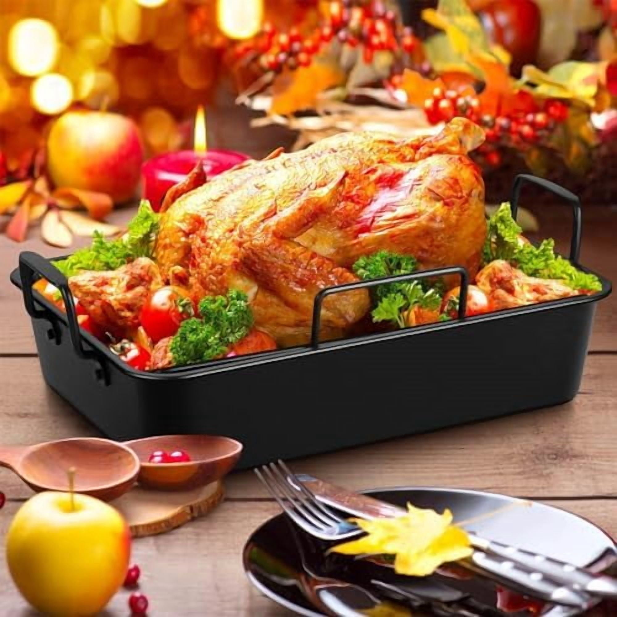16" Roaster Roasting Pan with Baking Rack and V-shaped Rack, Stainless Steel Rectangular Lasagna Pan with Handles for Turkey Chicken, Healthy & Dishwasher Safe, 3 Pieces, Black