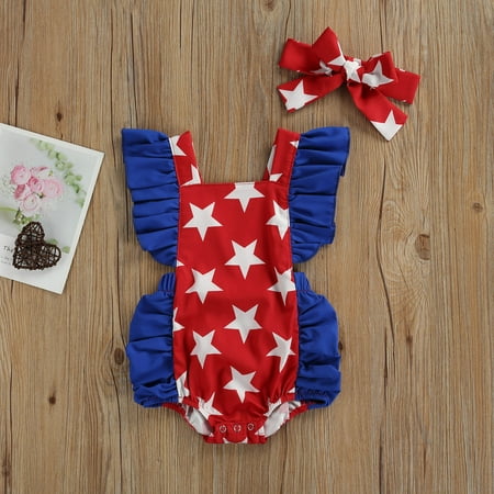 

Baby Girl Romper American Flag Ruflle Backless Halter Bodysuit Summer Clothes