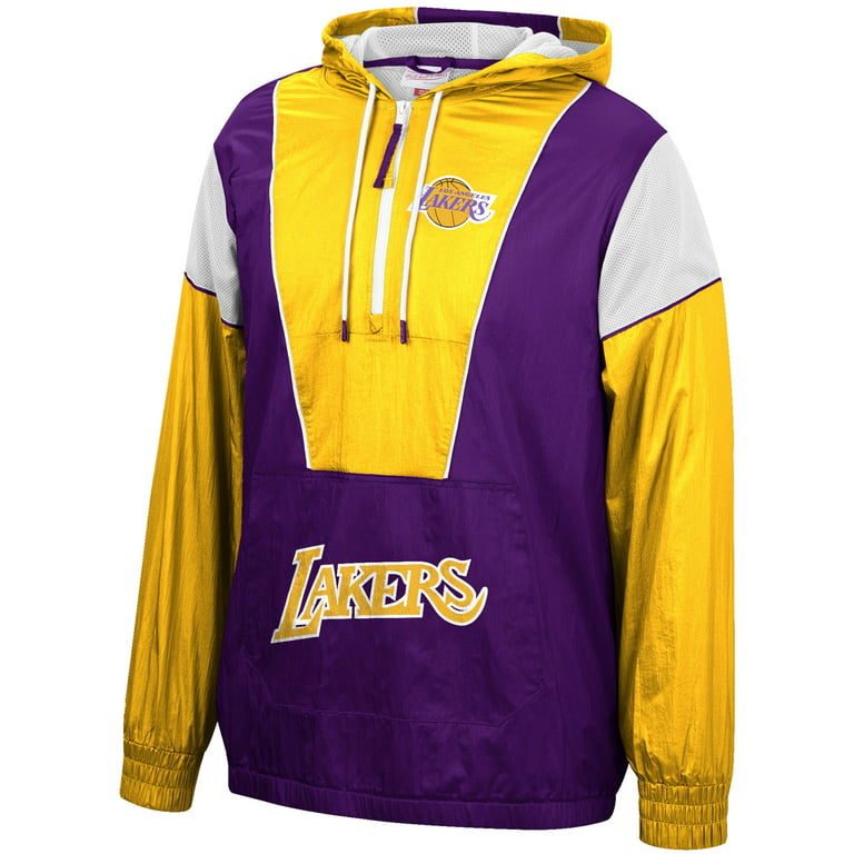Men's Mitchell & Ness Purple/Gold Los Angeles Lakers Hardwood Classics  Highlight Reel Windbreaker Half-Zip Hoodie Jacket 