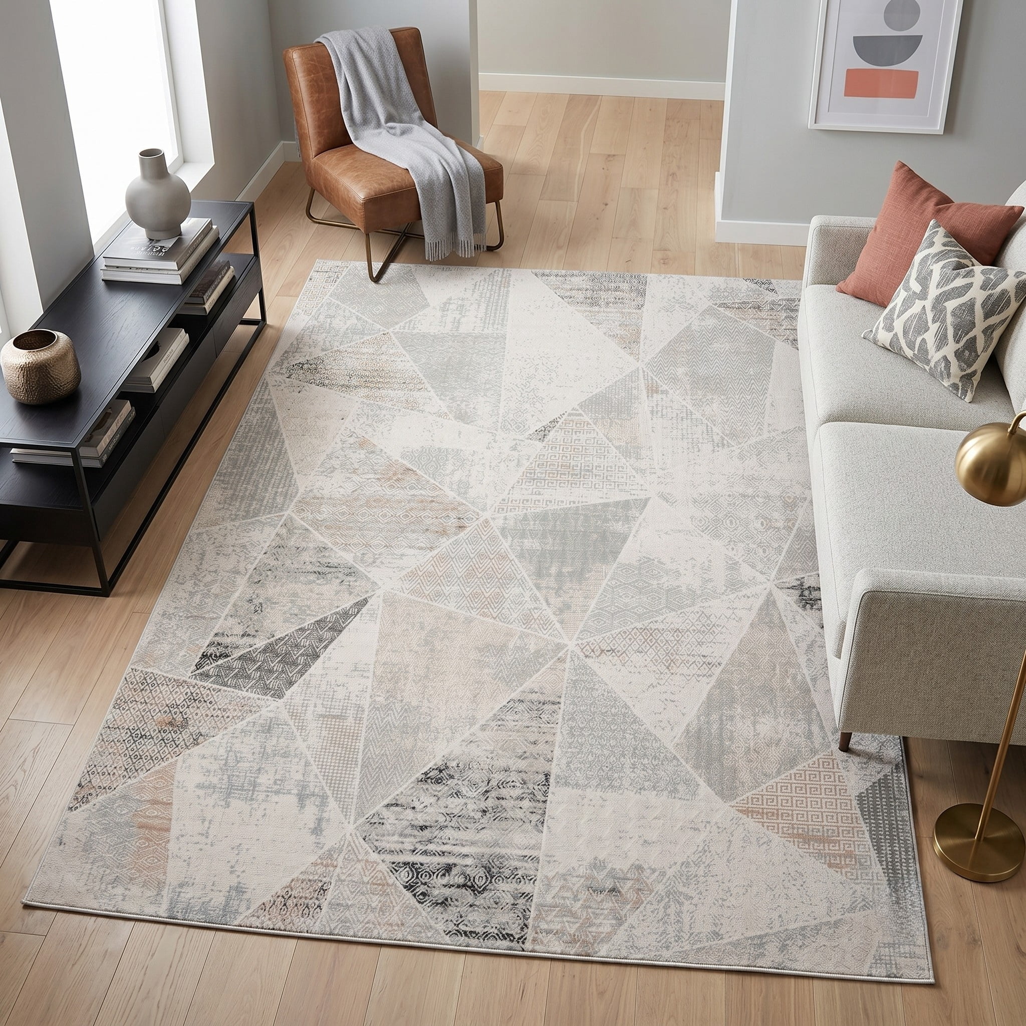 LR Home Martha Elryn Gray/Cream Contemporary Geometric Polyester Area Rug, 9' x 12'