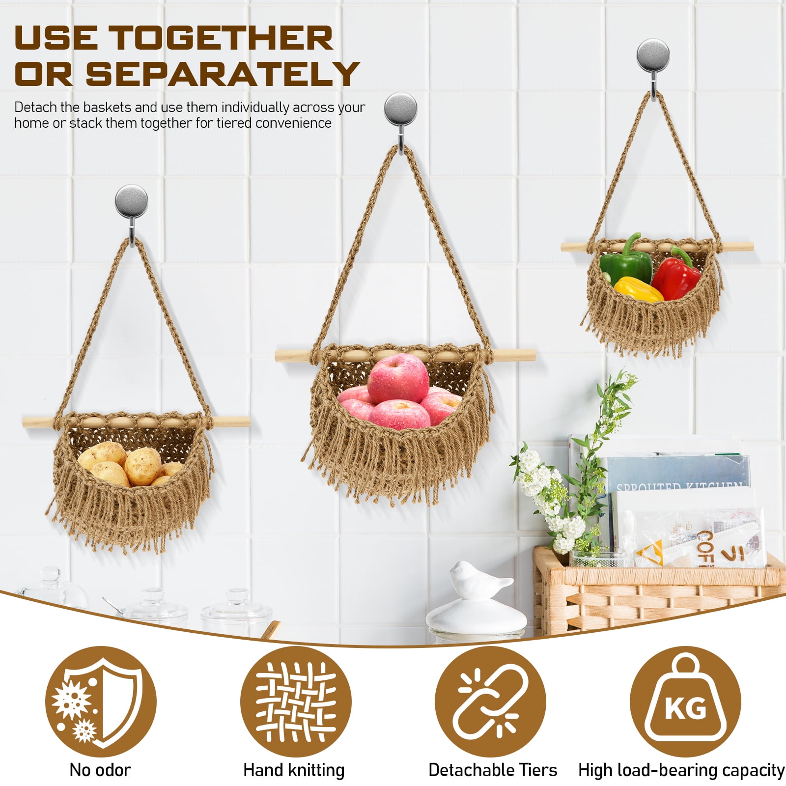 NUAHRHY 3 Tier Hanging Fruit Basket Wall Mounted Vegetable Storage Holder, Over The Door Organizer Bag Woven Jute Boho Wall Decor, Hanging Produce Basket for Entrance Kitchen Dorm RV Home Bedroom