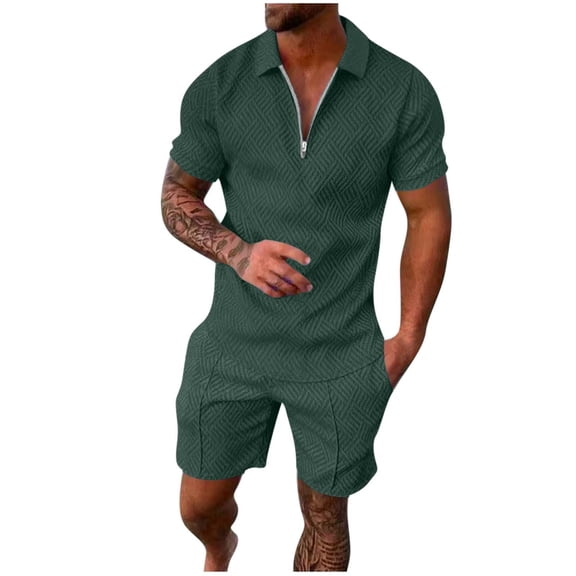 Mrmaere Men's V Neck Shirt and Shorts Set Short Sleeve 2 Piece Button Closure Breathable for Beach Travel Army Green L