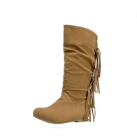 

Sentuca Fringed Round Toe Warm Autumn And Winter High Boots Long Boots Low Heel Retro Women s Boots