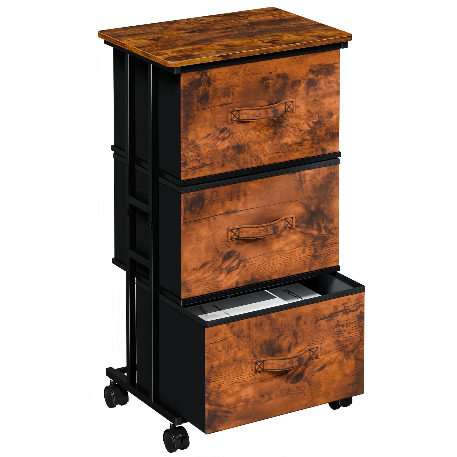 Kelno 3 Drawers Rolling Fabric Dresser Mobile Nightstand Storage Cabinet with Wheels, Rustic Brown