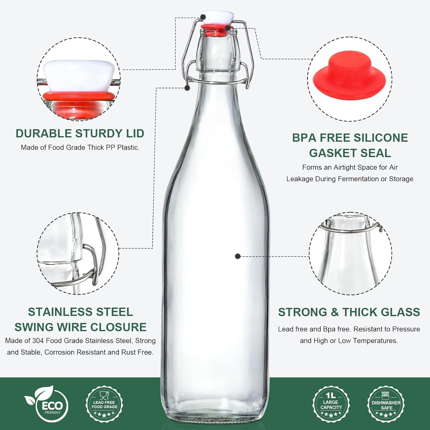 Evenflo Glass Bottles 6-Pack 1 Liter Swing Top Glass Bottles - Complete  Brewing Kit With Funnel & Accessories Wine Bottles