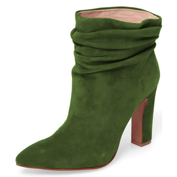 YDN Women Pointed Toe Ankle Boot Chunky High Heels Pull On Winter Slouch Booties Shoe Size 7 Green