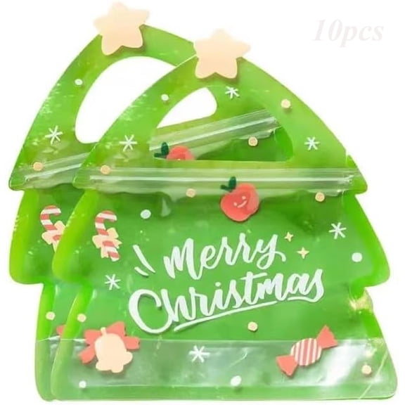 Christmas Goodie Bag Snack Ziplock 10pcs Clear Tree Shaped Candy Bags with Handle(7.28×2.56×8.27in)