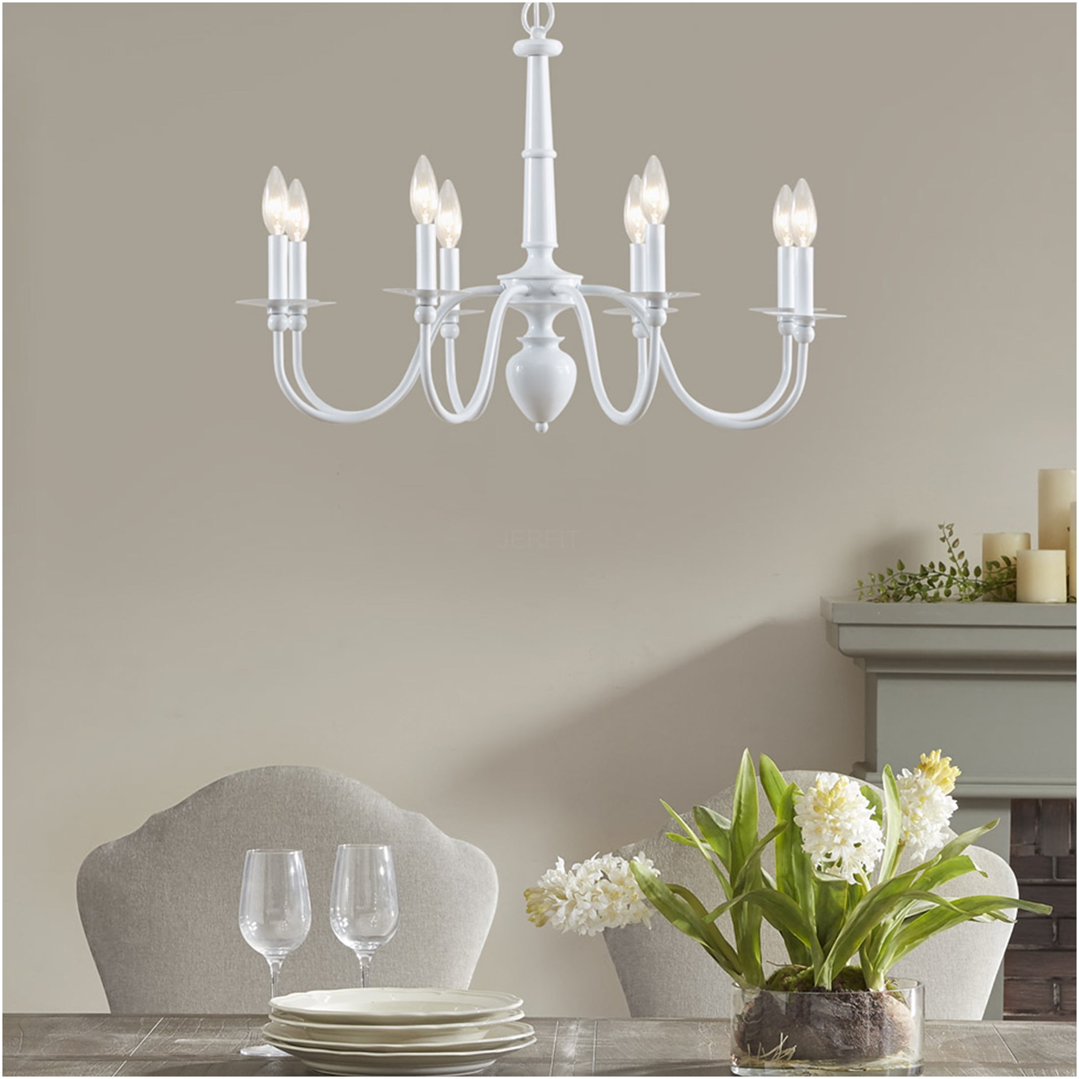 JERFIT 8-Light Glossy White Iron Chandelier, Traditional Candle Style Ceiling Light Fixture with Dimmable Function for Dining Room Kitchen
