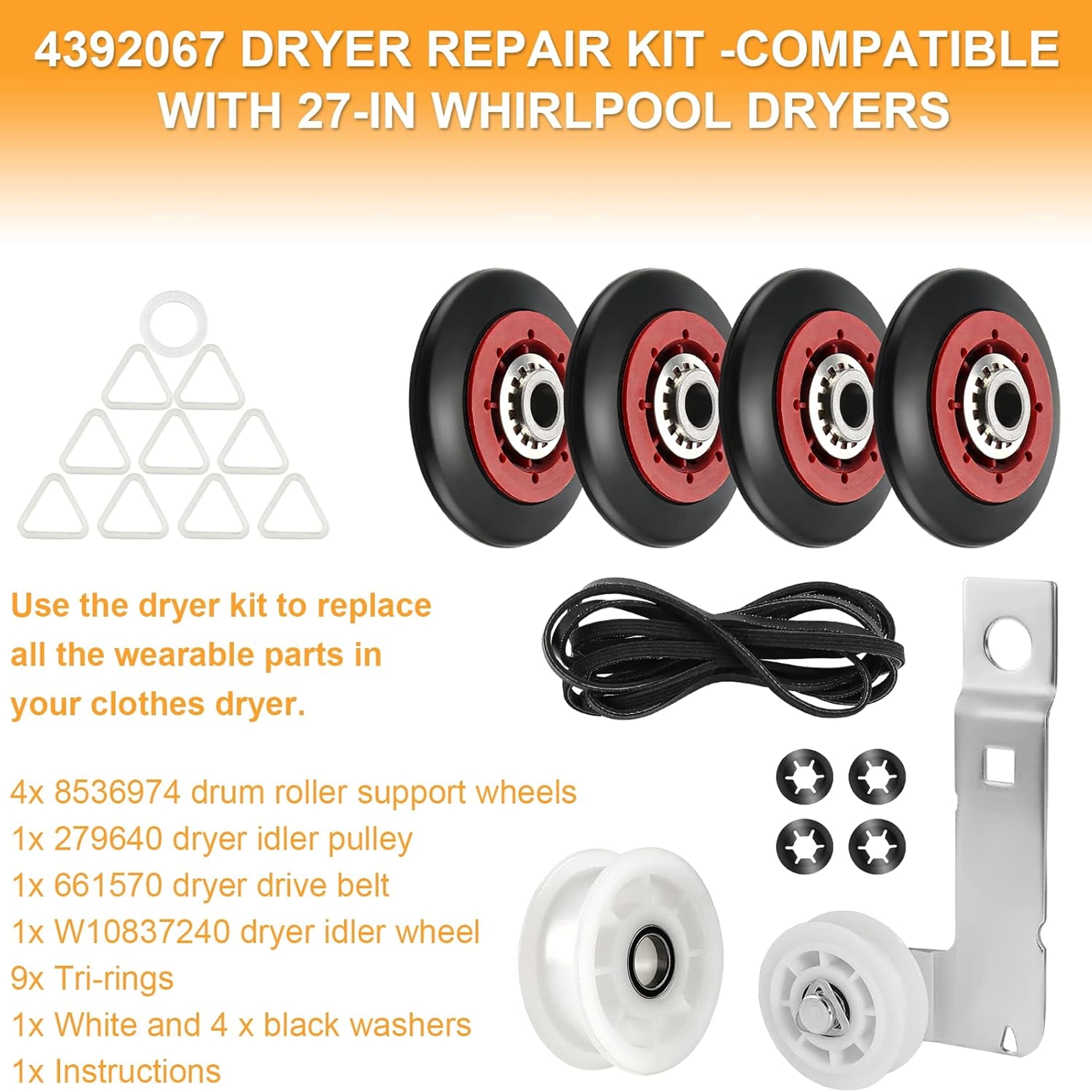 Dryer Repair Kit 4392067 and Dryer Idler Pulley W10837240 for Whirlpool Maytag Admiral Kenmore Dryer Replaces 4392067VP 80047 587637 AP3109602