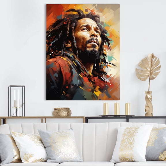 Designart "Vibrant Raga Bob Marley Portrait I" Fashion Canvas Wall Art - Glam Black Pop Art Bedroom Canvas Wall Art
