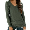 thumbnail image 2 of Jinhomg Lightweight Shirts for Women Casual Loose Solid V-Neck Blouses Plus Size Comfy Long Sleeve Basic Tops Spring Summer Pullovers Army Green M, 2 of 6