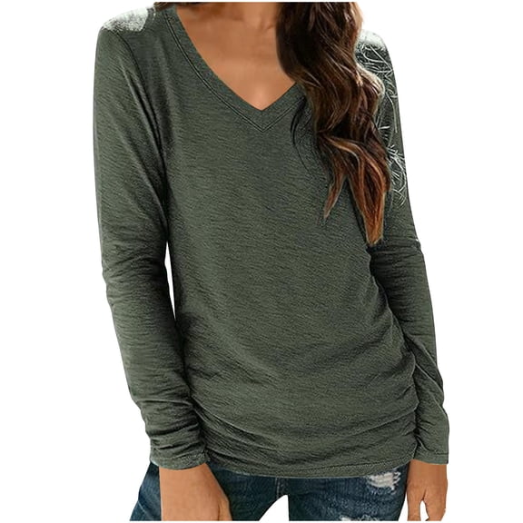 Womens Plus Size Basic Tops, Long Sleeve Shirts for Women Fall Lightweight Casual Loose Fit Solid Color V Neck T-Shirts Pajamas