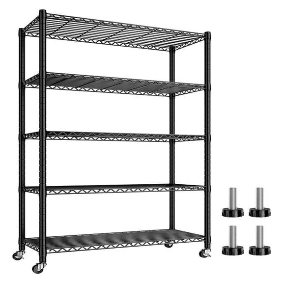 76''H Wire Shelving Loads 1980LBS with 25mm Pipe Diameter,Storage Shelves with Wheels Metal Shelves for Storage, 5 Tier Adjustable Garage Shelving Heavy Duty ,76''HX36''WX16''D