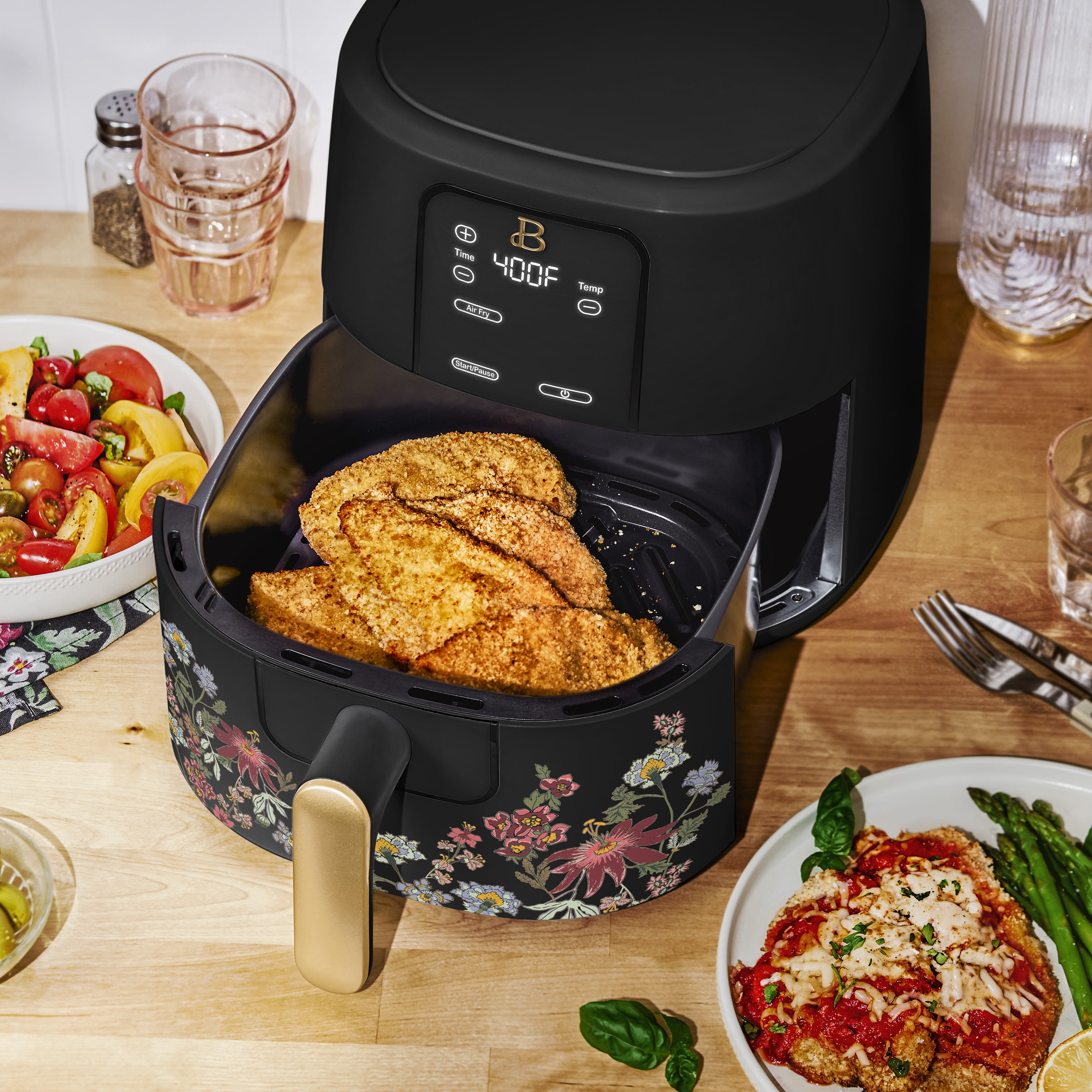 Beautiful 6 Qt Air Fryer with TurboCrisp Technology, EverGood Non-Toxic Ceramic Nonstick Coating, Wildflower Black Sesame by Drew Barrymore