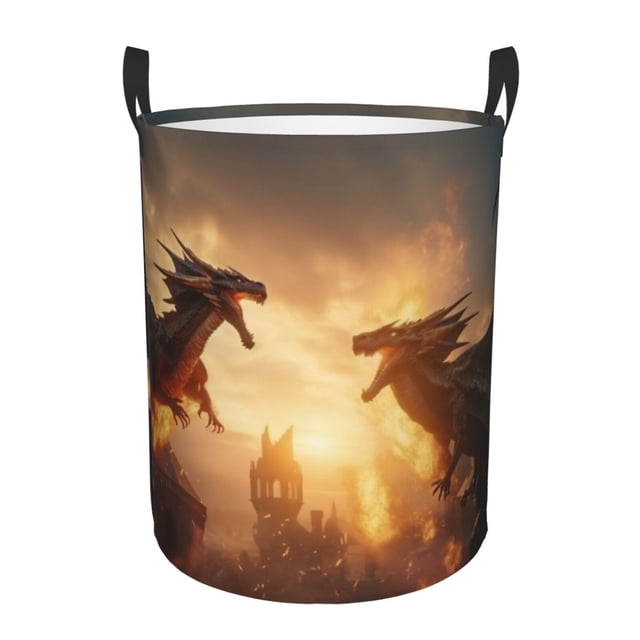 Balery Castle Cool Fire Dragon Cesta de ropa redonda con asas, impermeable, independiente, para ropa, juguetes, dormitorio y familia-Medium