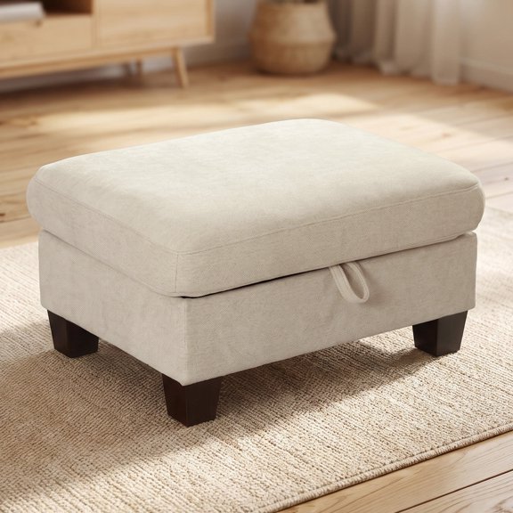 Poshby Storage Ottoman Coffee Table with Chenille Material, Solid Wood Leg for Living Room, Beige
