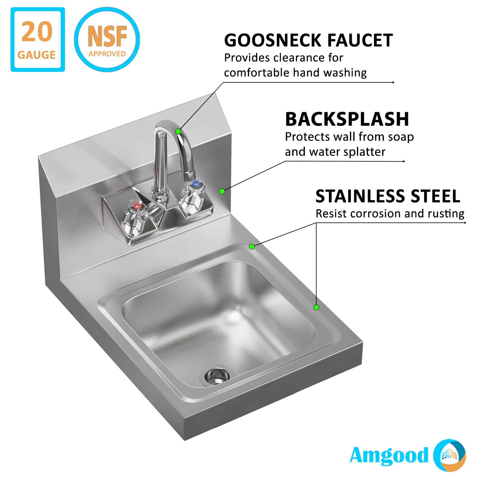 12 in. x 16 in. Stainless Steel Hand Sink | Commercial Wall Mount Hand Basin with Gooseneck Faucet, Strainer, Back Splash | NSF Certified | Perfect for Restaurants, Bars, Stores, Kitchen and More