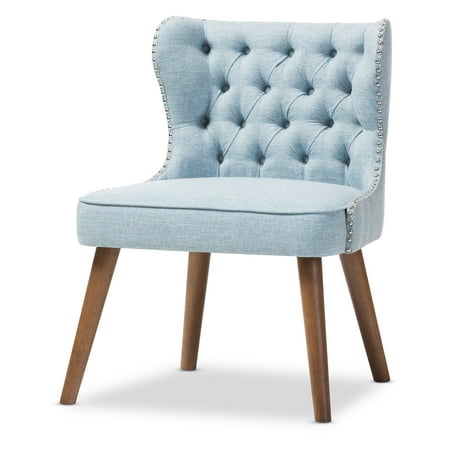 Baxton Studio Scarlett Mid-Century Modern Brown Wood and Light Blue Fabric Upholstered Button-Tufting with Nail Heads Trim 1-Seater Accent