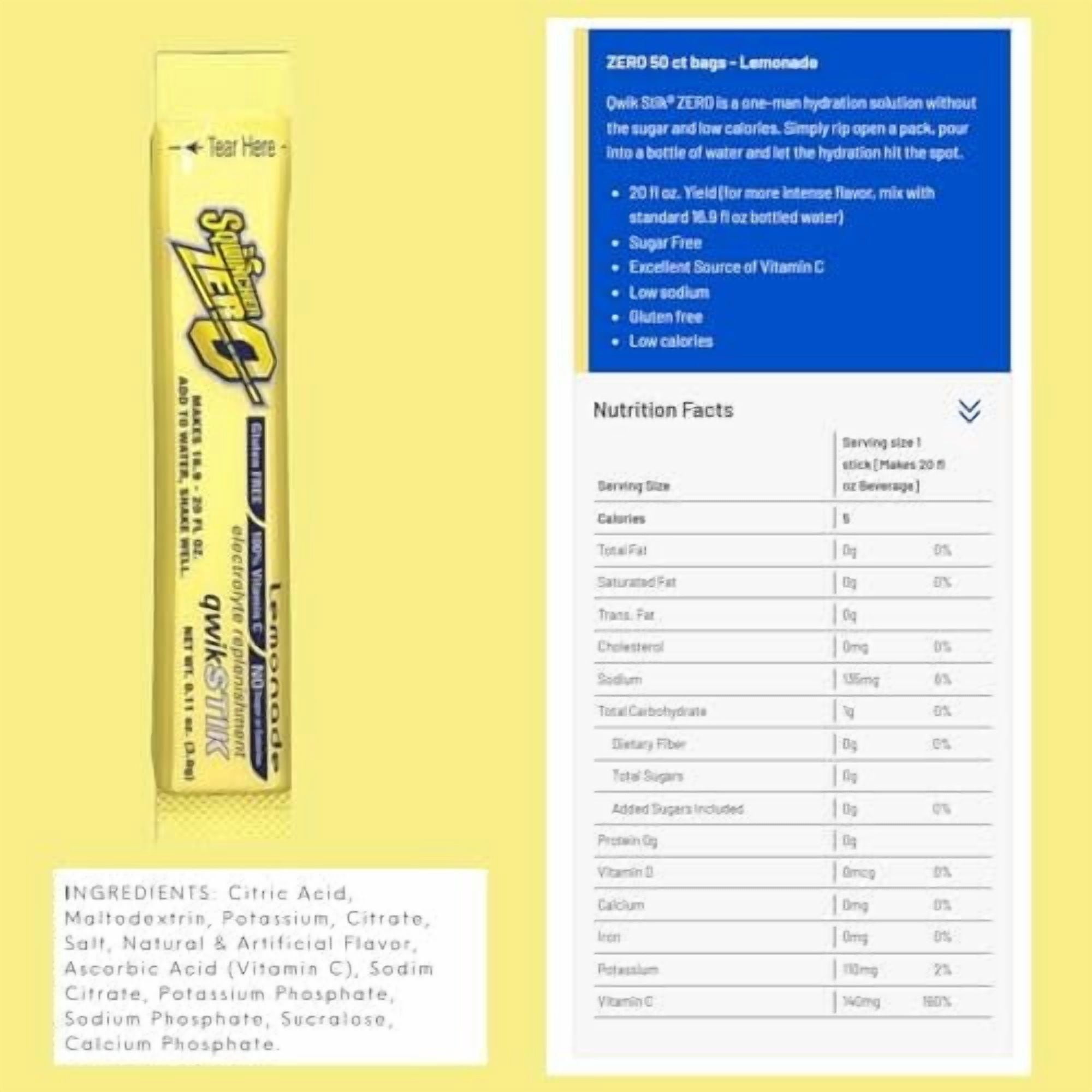 Single Serve Qwik Stik Zero, 50 Sticks/Bag, Lemonade