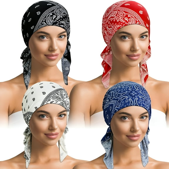 TELOLY 4 Pieces Soft Cotton Chemo wear for Women, Stretch Pre-Tied Chemo Scarves for Cancer